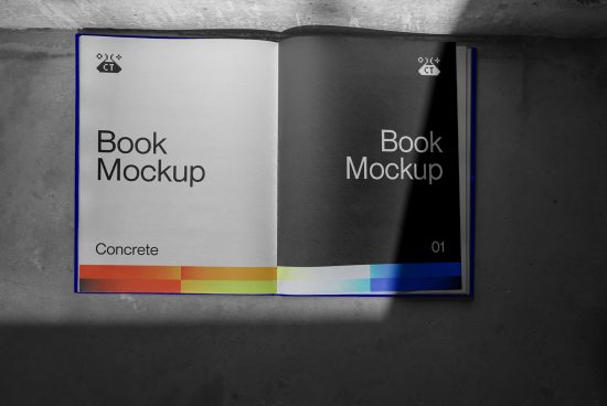 Professional open book mockup on concrete background for showcasing designs, with shadows for realistic effect, perfect for presentations.